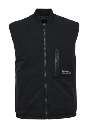 Zwarte mouwloze gewatteerde bodywarmer met rits aan de voorkant, ritssluiting op de borstzak, geribde kraag en "hummel"-logo aan de linkerkant.