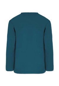 Langärmliges, teal-farbenes Baumwollhemd mit Rundhalsausschnitt, glatter Textur und verstärkten Nähten entlang des Saums und der Bündchen.