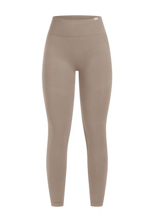 Beige hoge taille leggings gemaakt van rekbare stof, met een gladde textuur en een strakke pasvorm, zonder zichtbare naden of patronen.