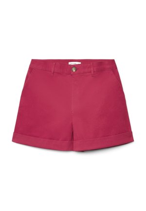 Pantaloncini da donna in cotone di colore rosa intenso con orli risvoltati, passanti per cintura, tasche laterali e chiusura frontale con bottoni.