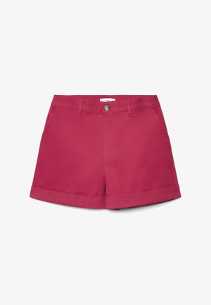 Pantaloncini da donna in cotone di colore rosa intenso con orli risvoltati, passanti per cintura, tasche laterali e chiusura frontale con bottoni.