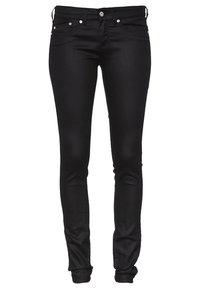 Pantalones vaqueros skinny negros hechos de denim. Cuenta con cinco bolsillos, cierre de botón y herrajes en tono plateado. Textura suave con una silueta ajustada.