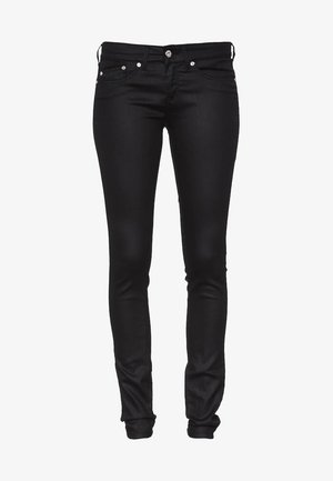 Jean skinny noir en denim. Comprend cinq poches, fermeture à bouton et quincaillerie en ton argenté. Texture lisse avec une silhouette ajustée.