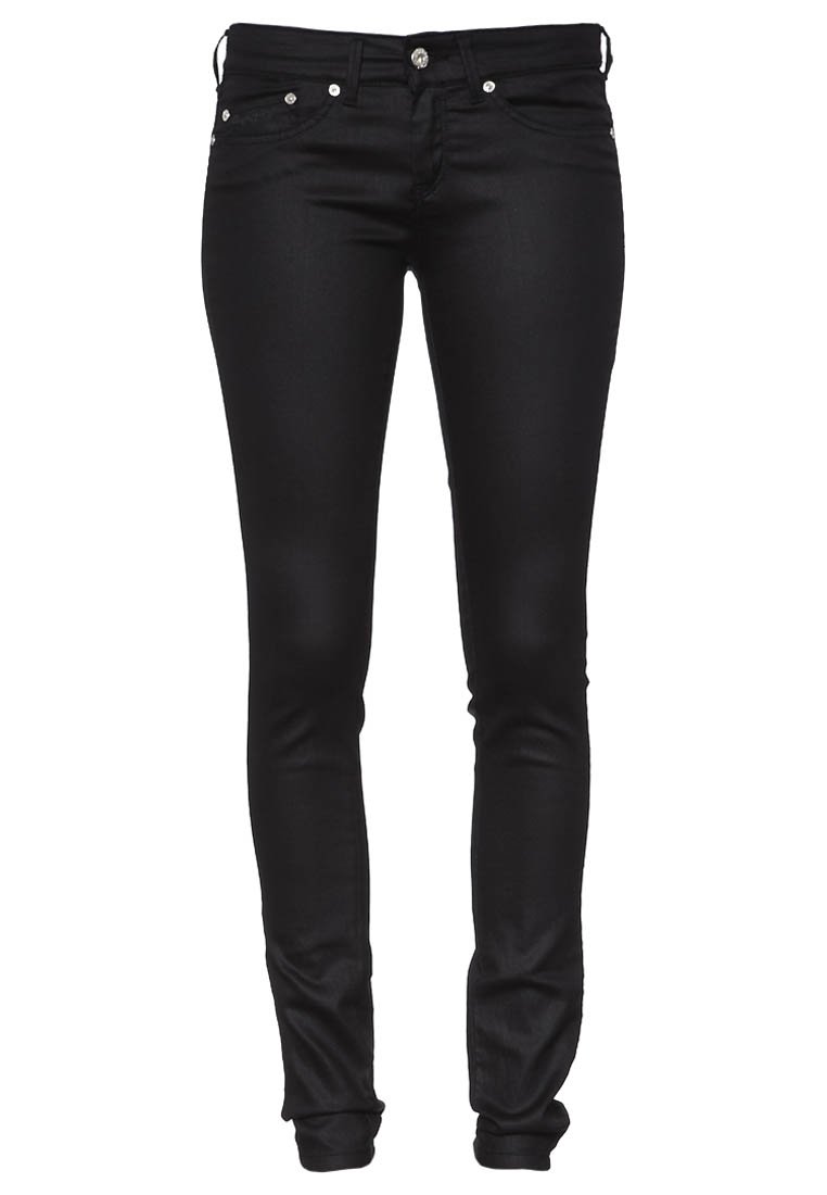 Pantalones vaqueros skinny negros hechos de denim. Cuenta con cinco bolsillos, cierre de botón y herrajes en tono plateado. Textura suave con una silueta ajustada.