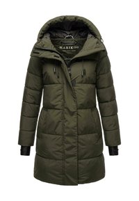 Green padded jacket with a hood, featuring a zipper front, two side pockets, and black accents on sleeves and collar.