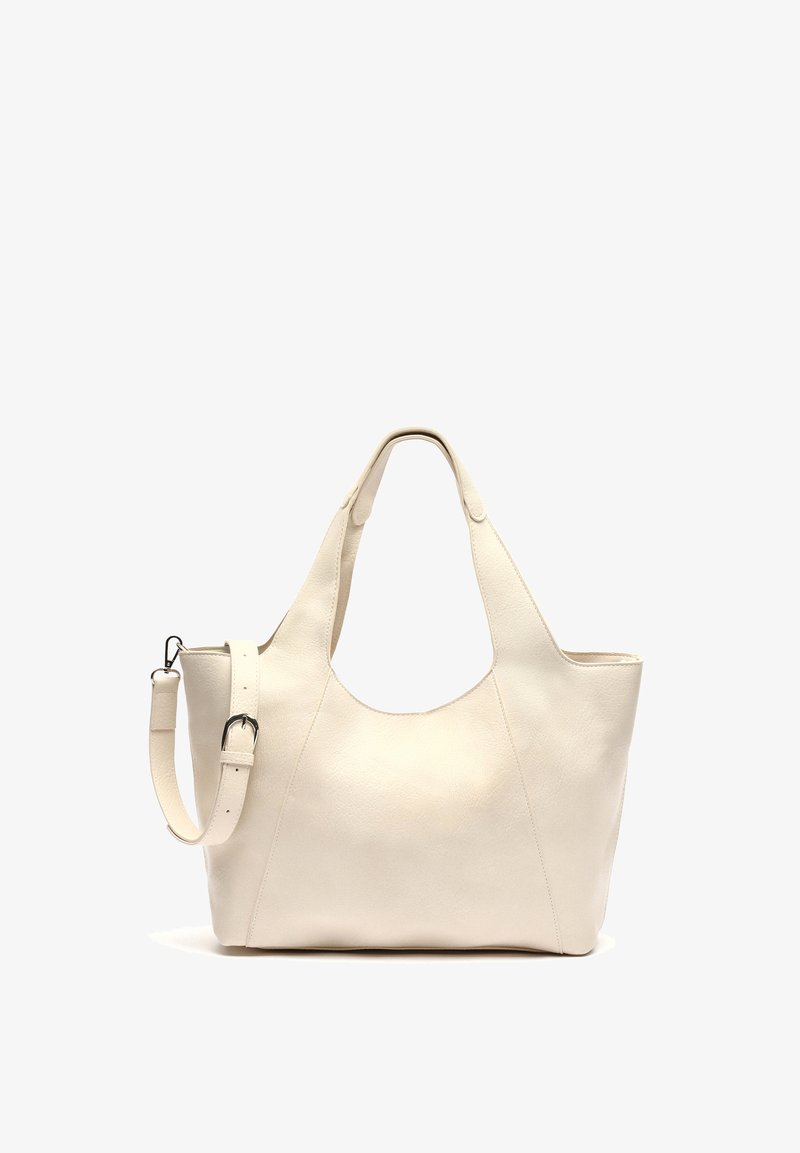 Kermansig värvi nahast kott sileda tekstuuriga, laia avaga ja kahekordse käepidemega; sisaldab eemaldatavat õlapaela.