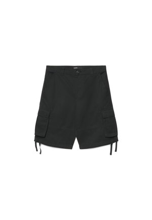 Pantaloncini cargo neri con bottone frontale, passanti per cintura, tasche laterali con patta e coulisse regolabili all'orlo.