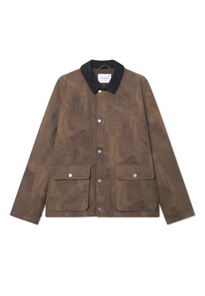 Brown, textured jacket with a black corduroy collar, front snap closures, and two large pockets.  Minimalist design and modern shape.