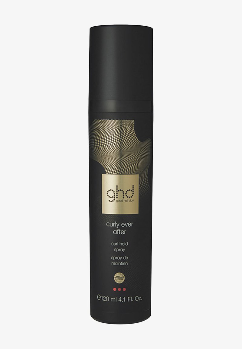 Zwarte cilindervormige spuitfles met label "ghd curly ever after curl hold spray" met gouden en rode ontwerp, 120 ml, 4.1 fl. oz.
