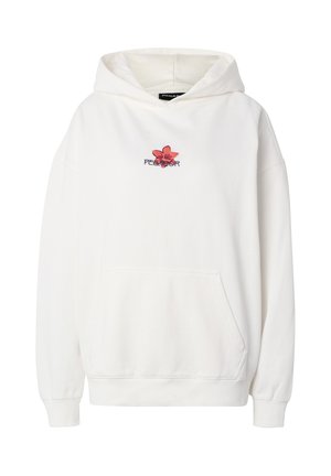 Valkoinen huppari, jossa on etutasku, resorit hihansuissa ja rinnan yläpuolella tekstiä koristava punainen kirjailtu kukka.