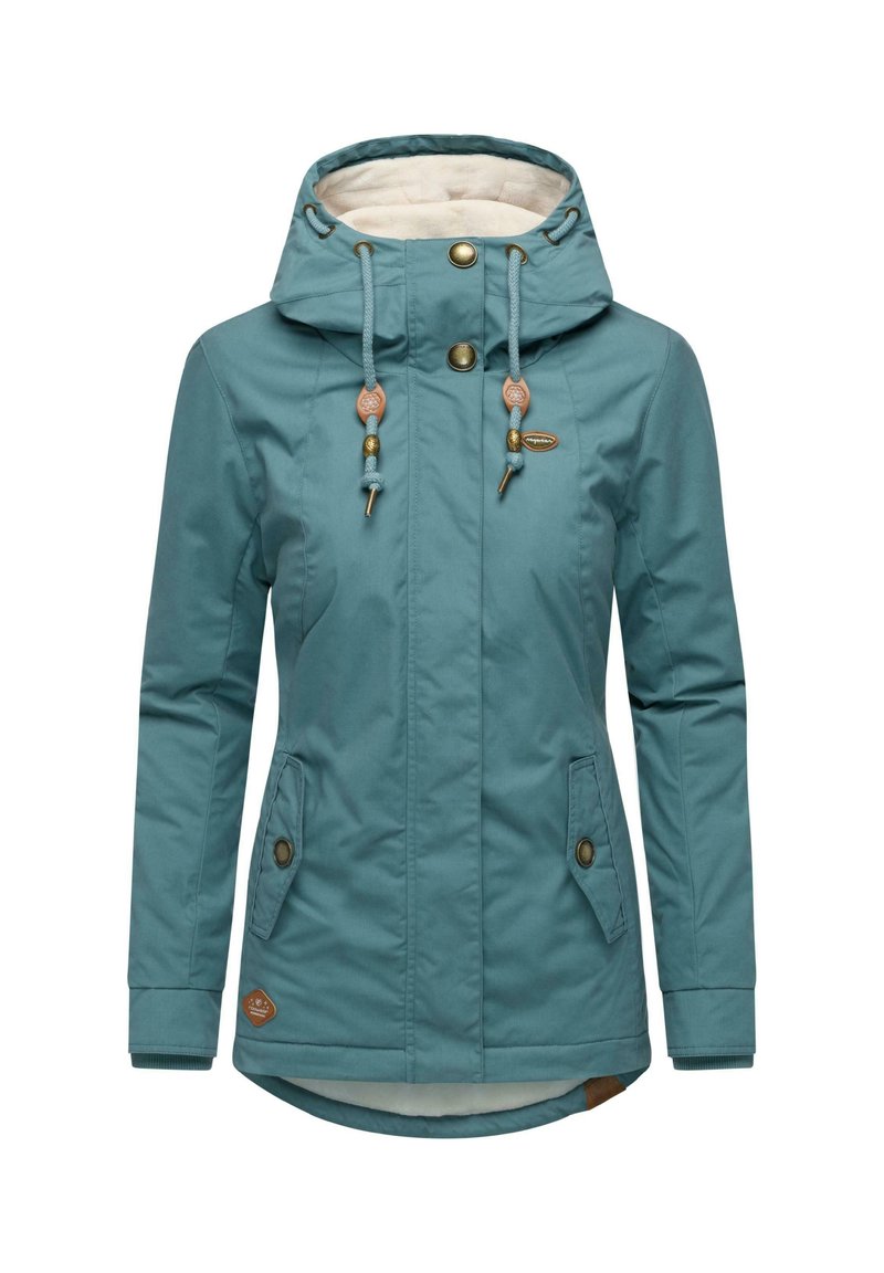 Jasnoniebieska wodoodporna kurtka z kapturem podbitym polarem, ozdobnymi sznureczkami, złotymi guzikami, dwiema bocznymi kieszeniami oraz nieco dłuższym tyłem.