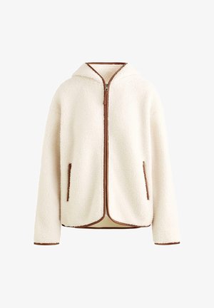Cremefarbene Fleecejacke mit durchgehendem Reißverschluss, braunen Besätzen und Seitentaschen. Verfügt über eine Kapuze und weichen, strukturierten Stoff.