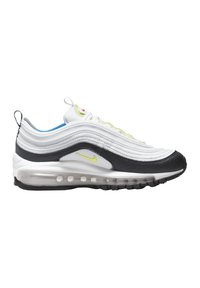 Sneakers Nike Air Max 97 charakteryzują się białą siateczką wierzchnią z czarnymi i szarymi skórzanymi akcentami, przezroczystą poduszką powietrzną oraz limonkowymi detalami.