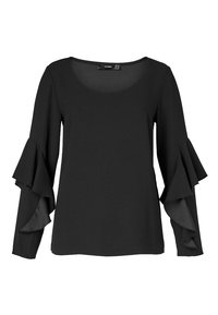 Black blouse with a rounded neckline and flared, ruffled long sleeves. Made of smooth fabric, featuring a simple, elegant design.