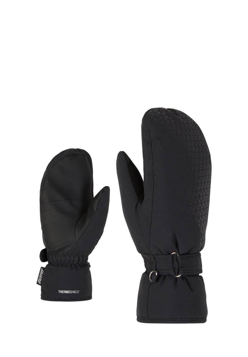 Schwarze isolierte Handschuhe mit einem strukturierten Muster auf der Rückseite, glatter Handfläche, elastischem Handgelenkbund und einem sicheren verstellbaren Riemen.