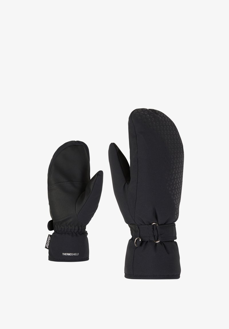 Schwarze isolierte Handschuhe mit einem strukturierten Muster auf der Rückseite, glatter Handfläche, elastischem Handgelenkbund und einem sicheren verstellbaren Riemen.