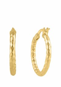 Náušnice zlaté kruhové s textúrou kladivového vzoru, oválneho tvaru a zapínaním na skobku. Hladký povrch na vnútornej strane; detailný na vonkajšej strane.