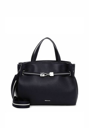 Borsa a tracolla in pelle nera strutturata con doppi manici, tracolla a righe staccabile e dettaglio fibbia argentata sul davanti.