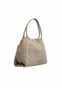 Beige leren tote bag met een zachte, gestructureerde oppervlakte. Voorzien van twee stevige handvatten en opvallende hardware-accenten aan de onderkant.