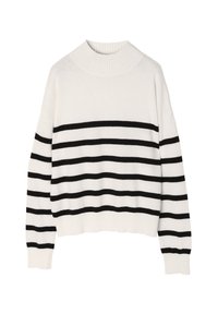 Pull crème avec des rayures horizontales noires, col montant côtelé et poignets. Fabriqué en matière tricotée douce, conçu pour une coupe décontractée.