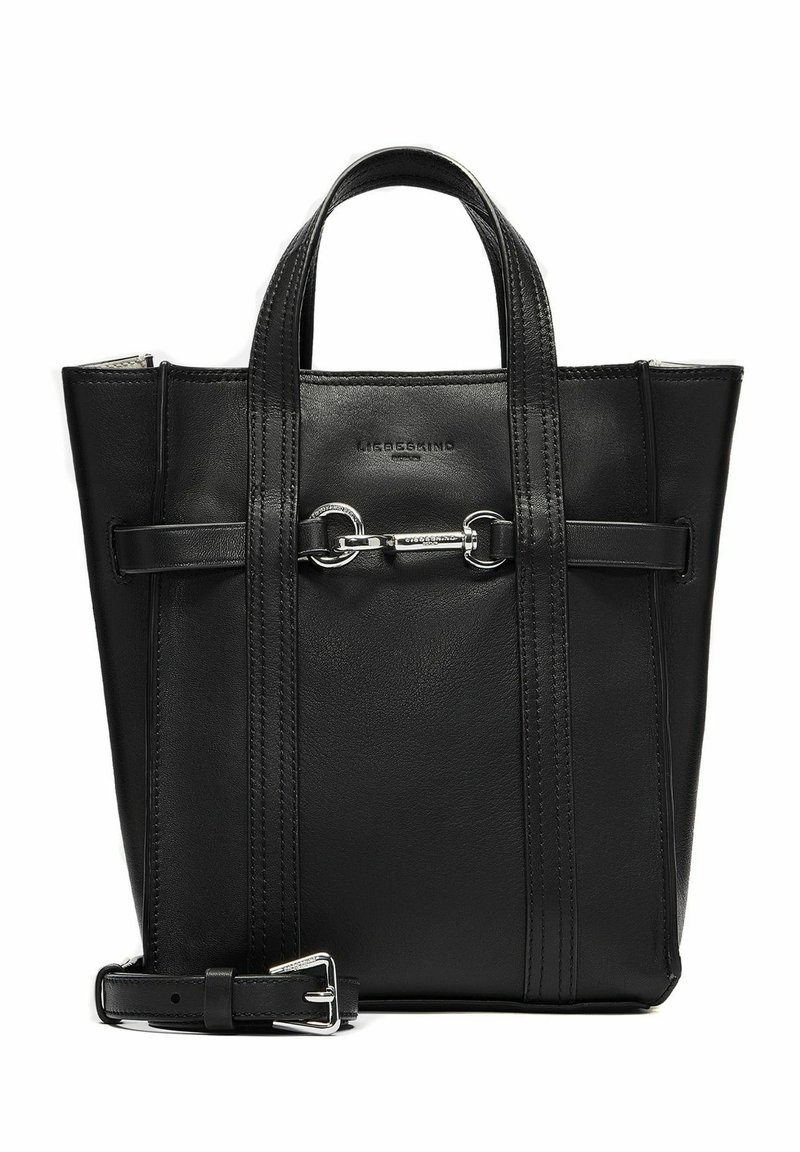 Schwarze Ledertasche mit doppelten Griffen, abnehmbarem Schulterriemen und silbernem Pferdebeißer-Detail in der Mitte vorne.