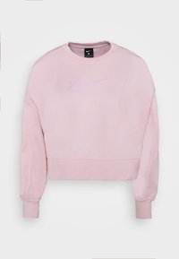 Sweat-shirt court rose en tissu doux, avec un logo Nike brodé discret au centre et des poignets côtelés.