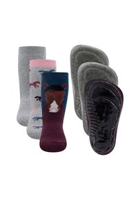 Pięć par kolorowych skarpetek w różnych materiałach: szare, granatowe i burgundowe z wzorami zwierzęcymi; w zestawie podeszwy teksturowane w kolorze szarym i purpurowym.