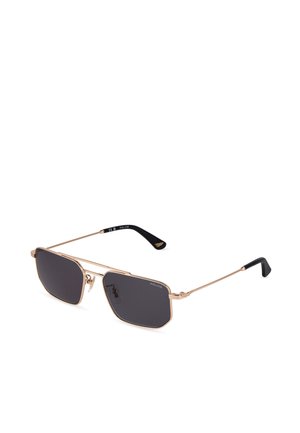 Gafas de sol rectangulares y elegantes con montura fina de metal dorado y lentes oscuras, con puntas de varillas negras y almohadillas nasales.