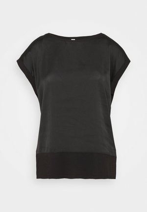 Black short-sleeve blouse with a satin front panel, round neckline, and a wider solid black hem at the bottom.