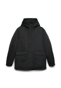 Giacca imbottita nera con cappuccio, dotata di zip frontale, due tasche a toppa sul davanti e una texture liscia e opaca.