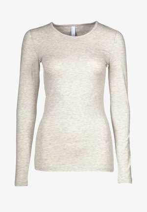 Pitkähihaista vaaleanharmaata toppia, joka on valmistettu pehmeästä ja joustavasta materiaalista. Pyöreä pääntiheys ja vartaloa myötäilevä leikkaus. Ei näkyviä kuvioita tai varusteita.