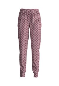 Roze gestreepte broek met een diamanten ontwerp, elastische tailleband, taps toelopende boorden en lichtgewicht stof. Geometrische print in contrasterende kleuren.