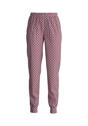 Roze gestreepte broek met een diamanten ontwerp, elastische tailleband, taps toelopende boorden en lichtgewicht stof. Geometrische print in contrasterende kleuren.