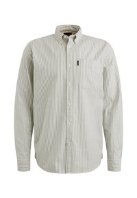 Camisa de botones a rayas en gris claro y blanco roto, con cuello, mangas largas y un bolsillo en el pecho. Textura de tela suave.