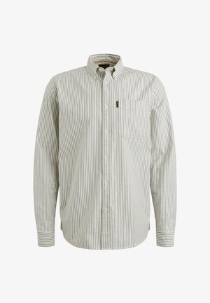 Gestreepte overhemd in lichtgrijs en gebroken wit, met een kraag, lange mouwen en een enkele borstzak. Zachte stoftextuur.