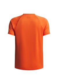 Světlé oranžové sportovní tričko s krátkým rukávem vyrobené z hladké, lehké tkaniny. Má kulatý výstřih a raglánové rukávy.