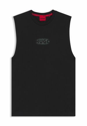 Black sleeveless shirt with round neck and faded "HUGO" logo centered on the chest, red label tag inside the collar.