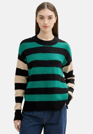 Strickpullover mit schwarzen, grünen und beigen horizontale Streifen. Hat einen runden Ausschnitt und lange Ärmel, gefertigt aus einem weichen Stoff.