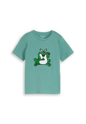 Groen T-shirt voor kinderen met korte mouwen en een glimlachende kikkerafbeelding op de voorkant, gemaakt van pailletten.
