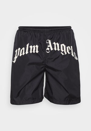Shorts neri in nylon con la scritta "Palm Angels" in grande carattere gotico bianco sulla parte frontale, dotati di una cintura elastica.