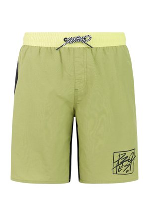 Lichtgroene zwembroek met elastische tailleband, zwarte trekkoorden, zwarte zijpanelen en zwarte grafische tekst op het onderste linkerbeen.