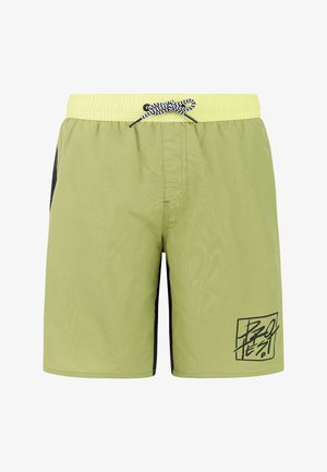 Short de bain vert clair avec taille élastique, cordon noir, panneaux latéraux noirs et texte graphique noir sur la partie inférieure de la jambe gauche.