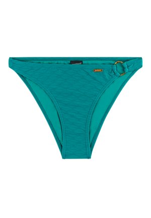 Slip bikini turchese realizzato in tessuto strutturato con finitura liscia. Il dettaglio laterale include un anello in tono oro e un'etichetta del marchio.