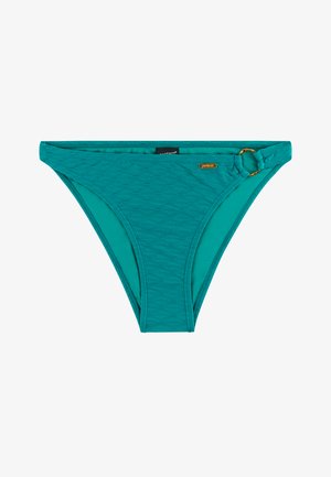 Türkisfarbener Bikini-Slip aus strukturiertem Stoff mit glattem Finish. An der Seite befindet sich ein Detail aus einem goldfarbenen Ring und ein Markenzeichen.