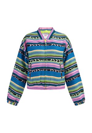 Beskåret jakke med multicolor striber i blå, pink, grøn og sort. Har lynlås foran, rund halsudskæring og elastiske manchetter.