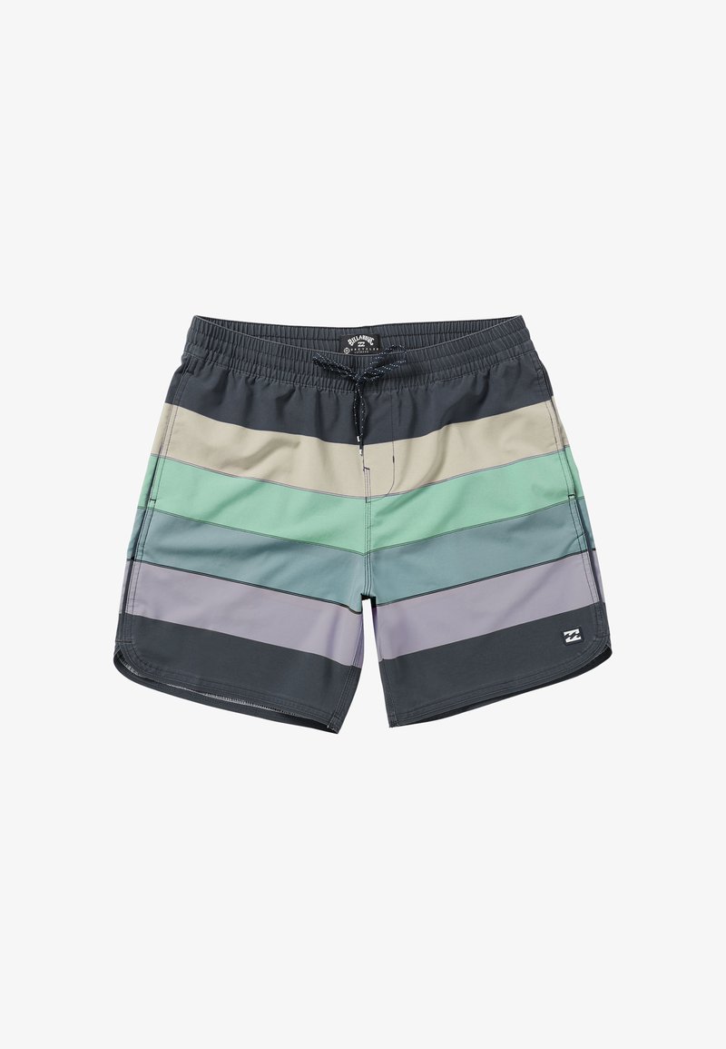 Pánske plavky s horizontálnymi pruhmi tmavošedej, svetlošedej, zelenej a levanduľovej farby. Obsahujú šnúrku na stiahnutie v páse a voľný strih.