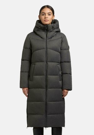 Padded long coat in dark gray with a high collar, zip closure, and side pockets; features a textured fabric and block pattern.