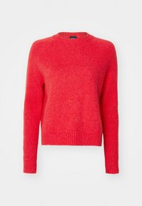 Czerwony, dziergany sweter z długimi rękawami, okrągłym dekoltem i ściągaczem u dołu. Miękka faktura i lekko luźny fason. Brak wzorów i dodatków.