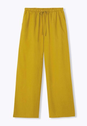 Pantalon large jaune moutarde avec taille élastique et cordon, poches avant, coupe décontractée.