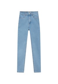 Jean en denim bleu clair avec taille haute, design à cinq poches et coupe slim. Présente des surpiqûres contrastées et une fermeture à bouton à l'avant.